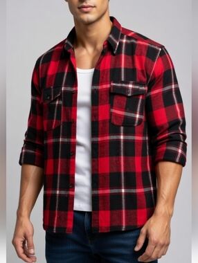 Men's Red and Black Plaid Button Down Shirt